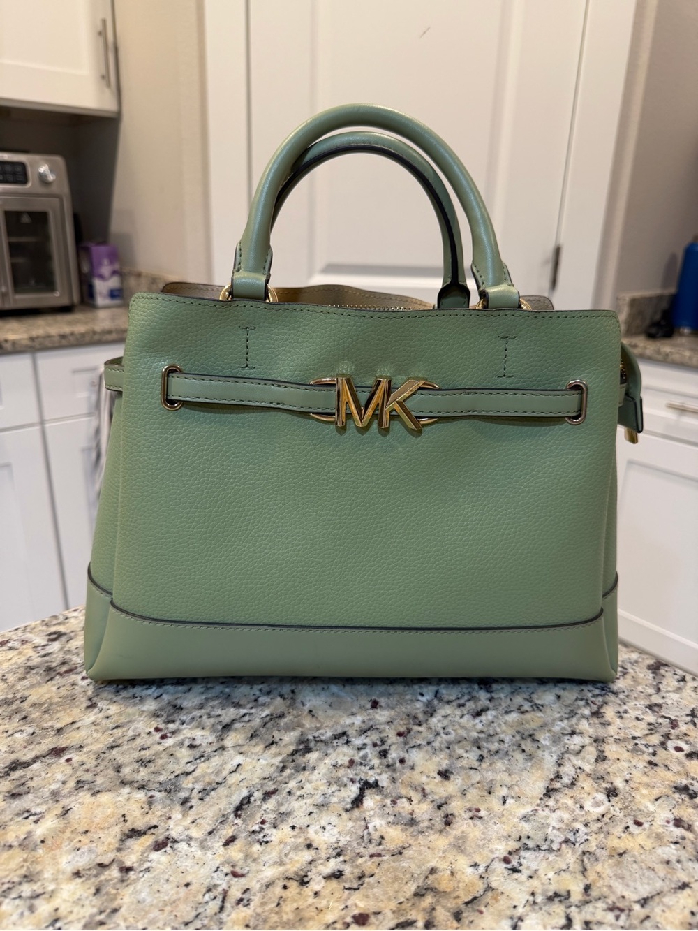 Michael Kors Sage Green Pebbled Leather Satchel with Gold MK Logo